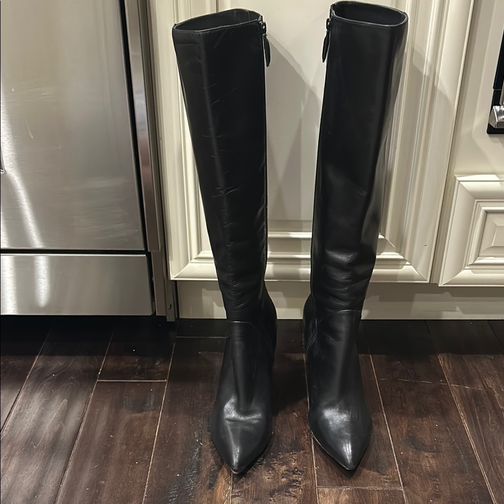 Elegant Black Leather Just Below the Knee High Boots